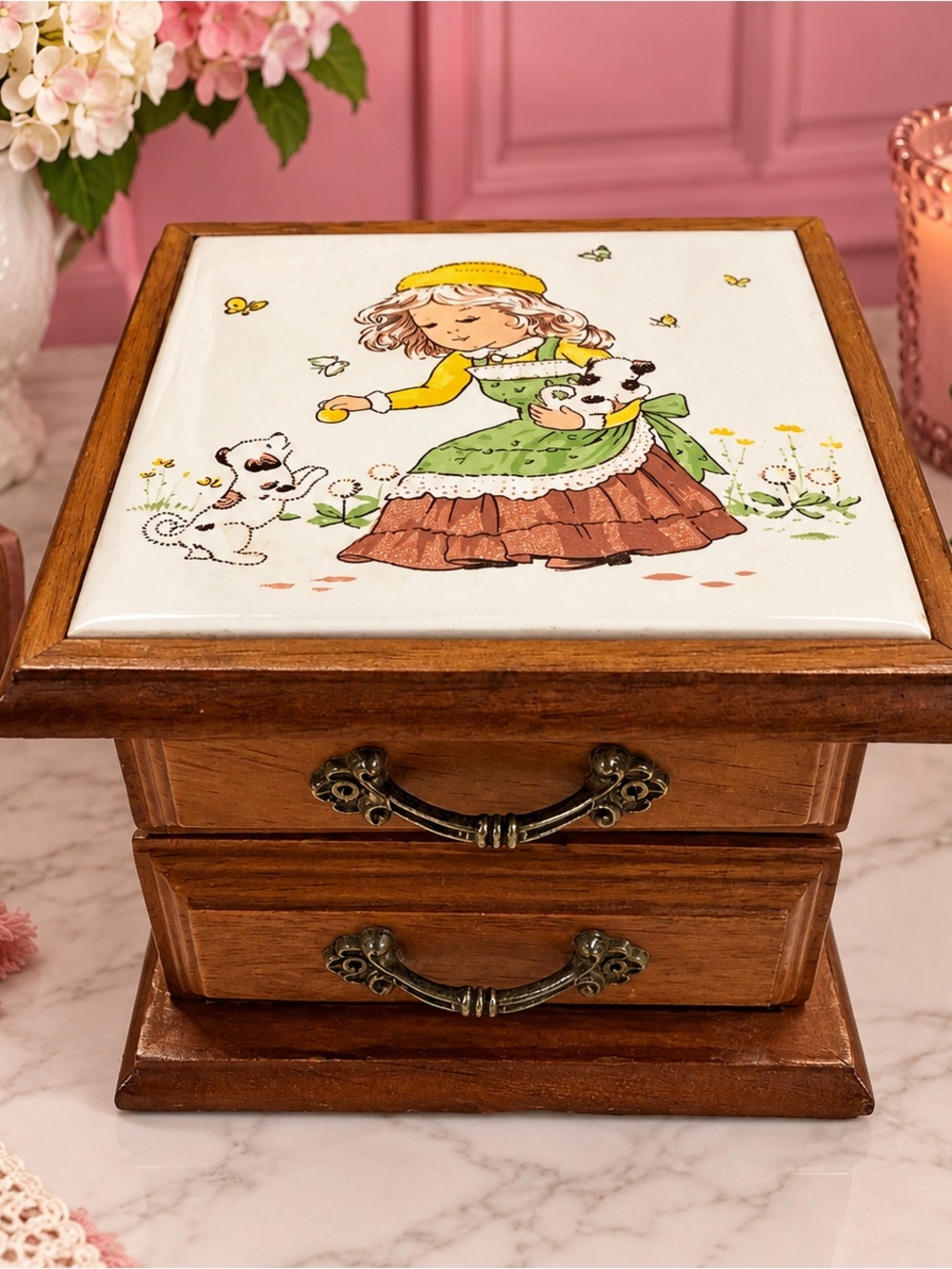 Vintage-Style Ceramic Top Wood Jewelry Box in Brown and White